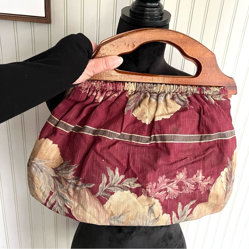 Vintage 60’s Fabric Large Floral Print Clutch Handbag Wooden Handles